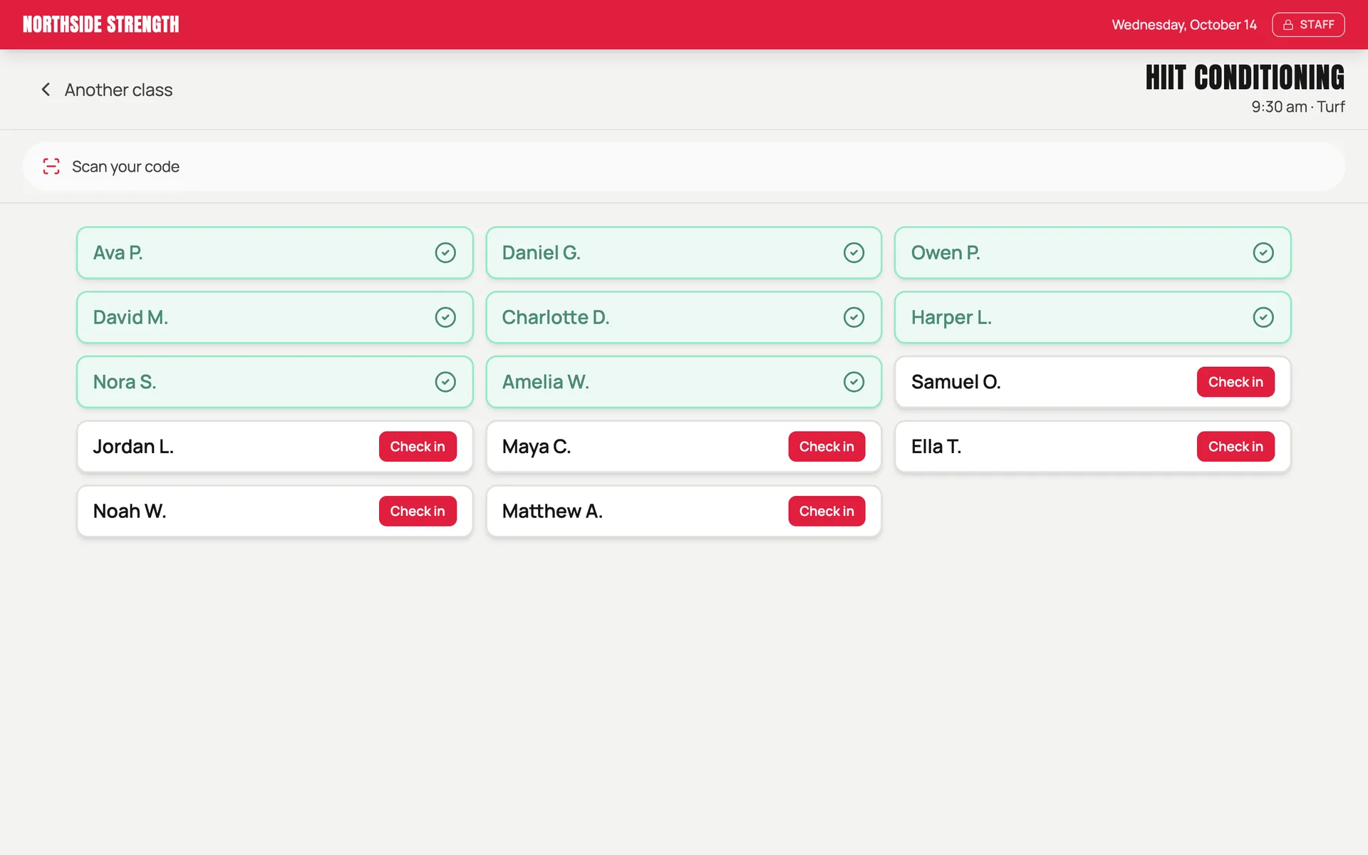 The check-in screen for a class, with members checking in
