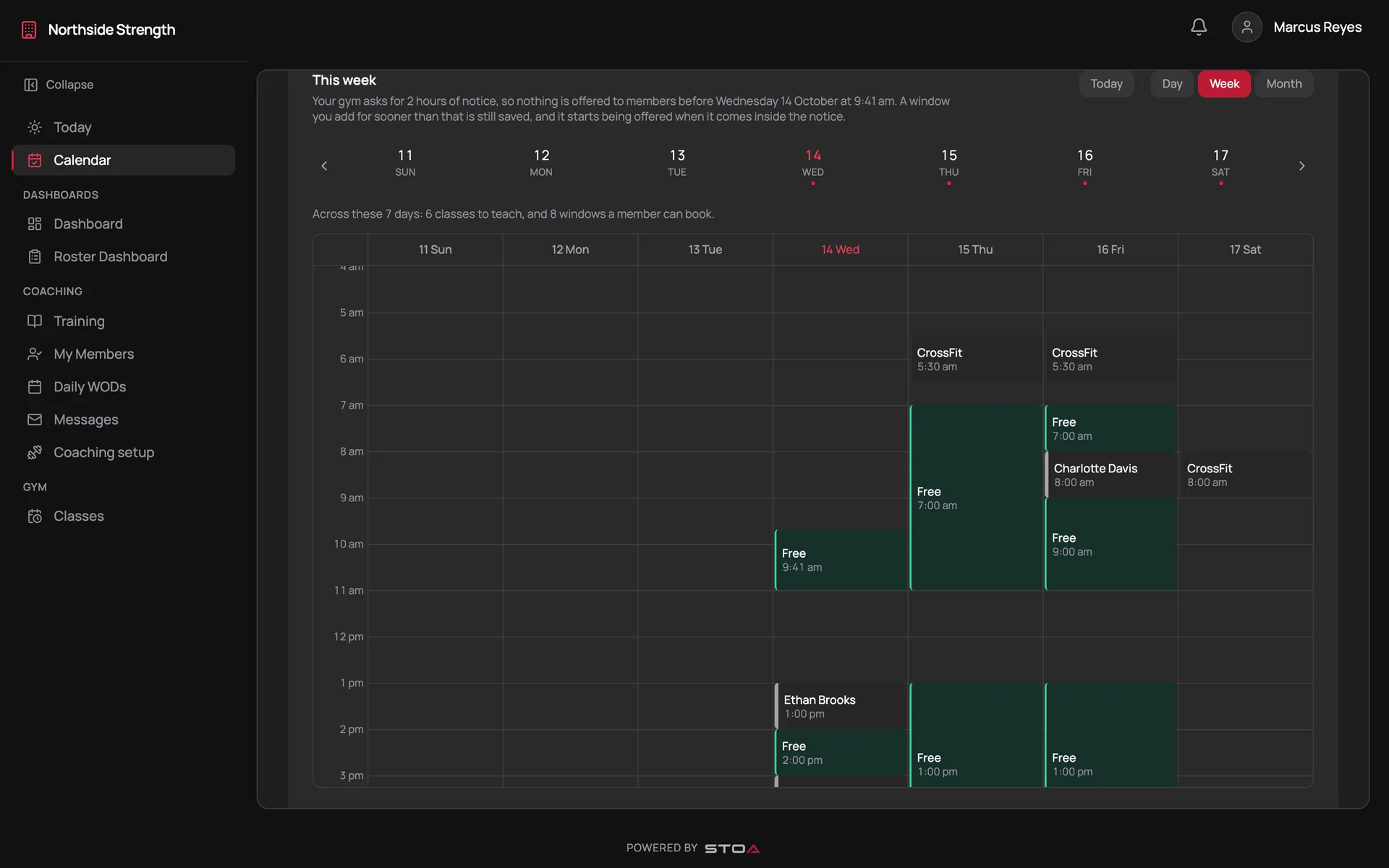 A coach calendar with open personal training slots and bookings
