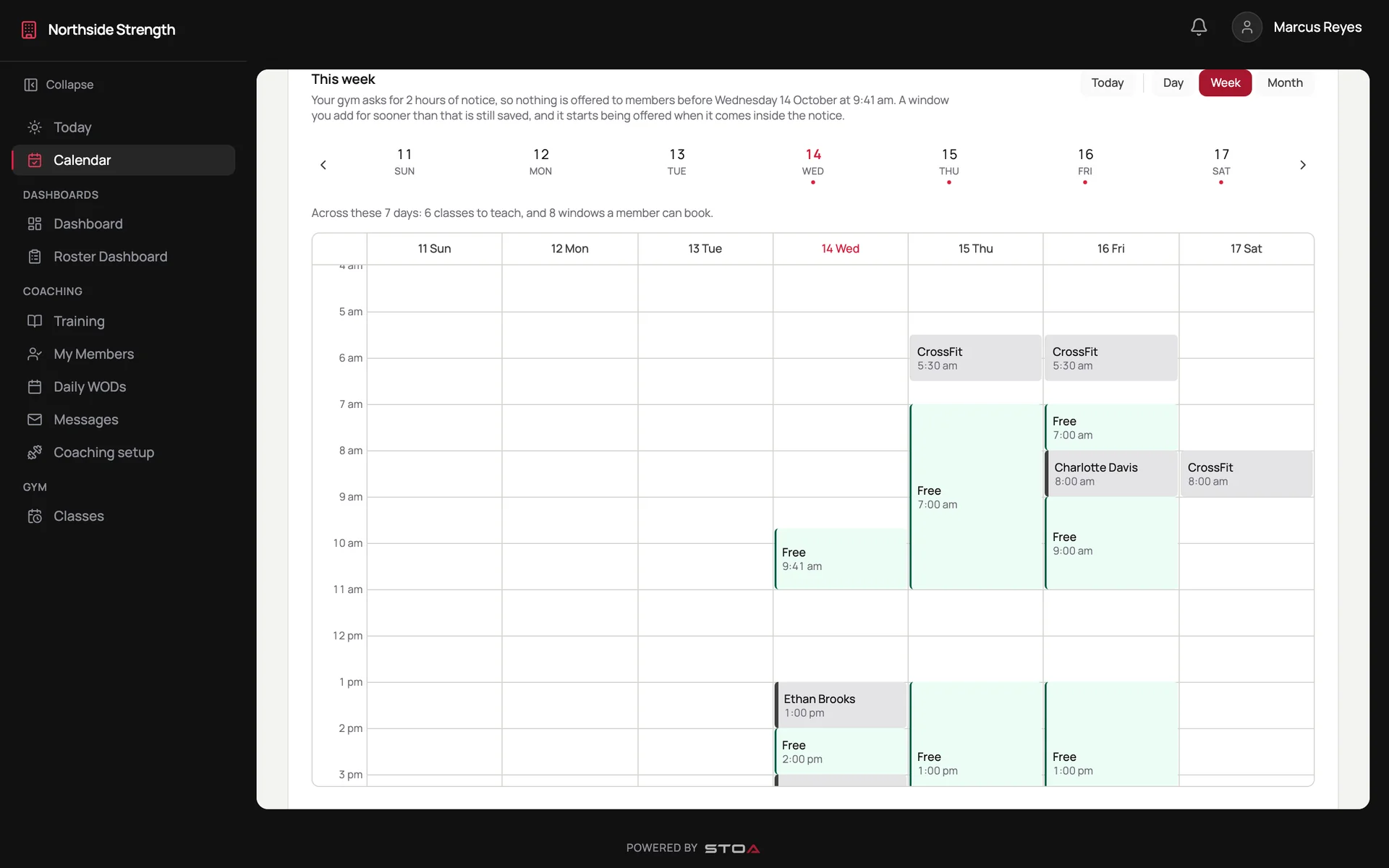 A coach calendar with open personal training slots and bookings