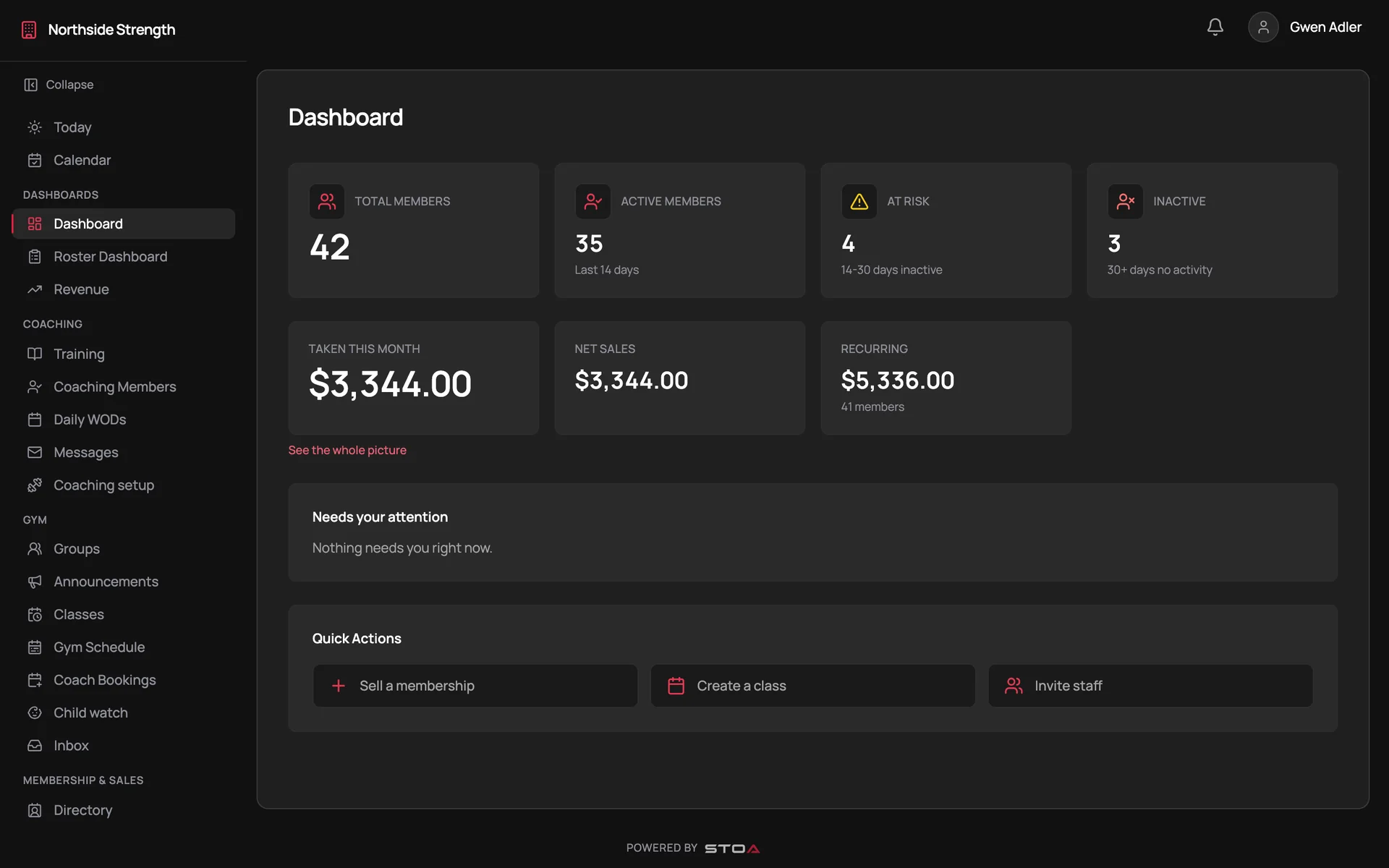 The gym owner dashboard in Stoa Gym