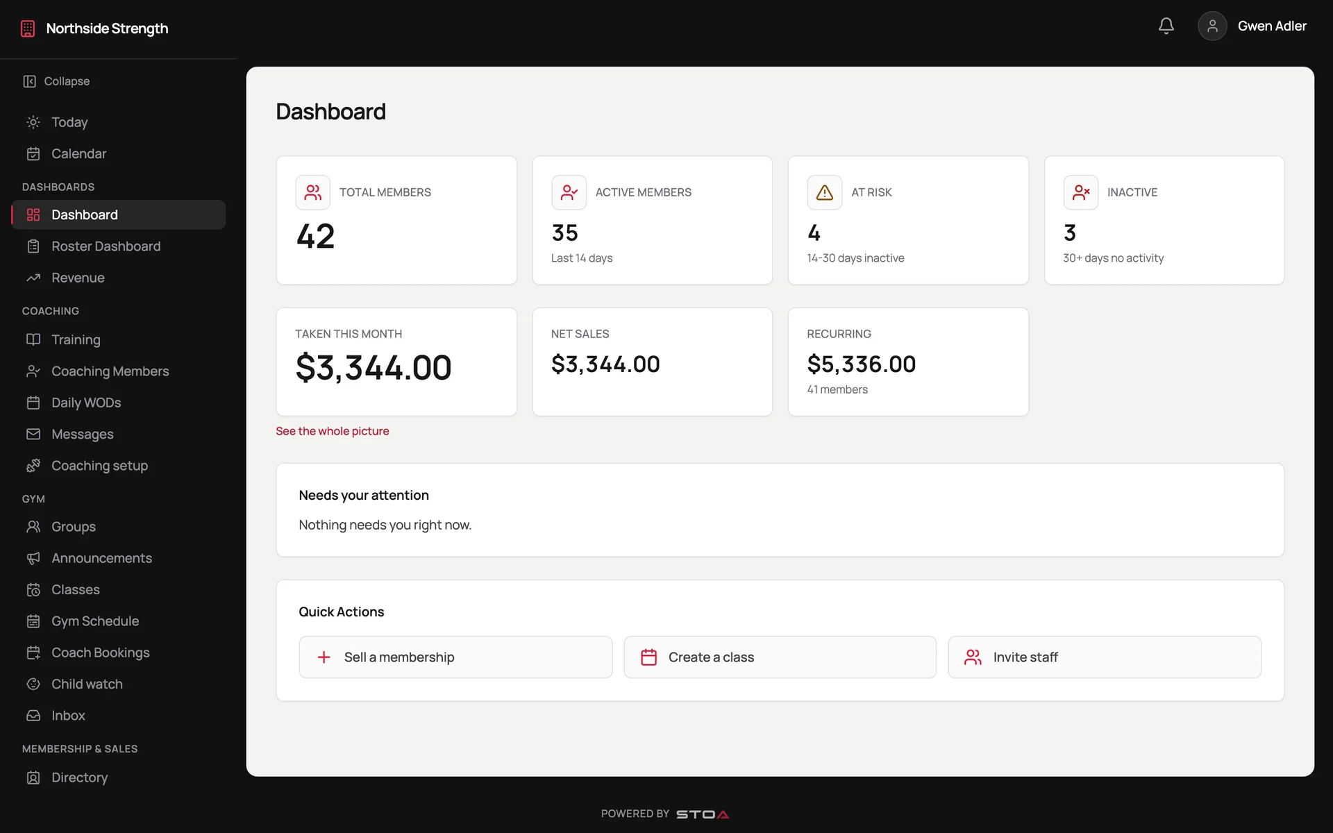 The gym owner dashboard in Stoa Gym