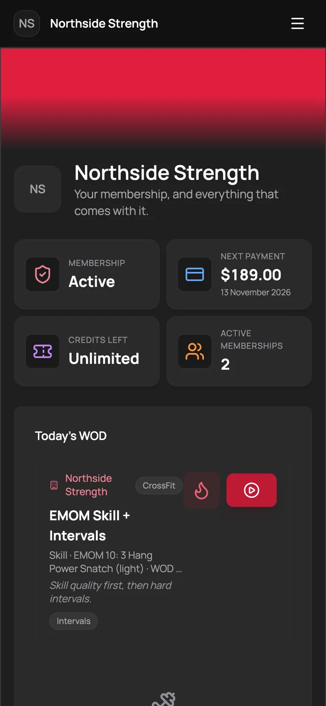 The member app home screen, with membership, next payment and today’s WOD