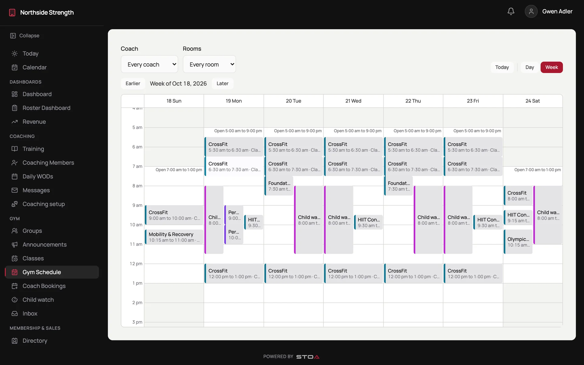 A full week of classes, coaching and child watch on the gym schedule